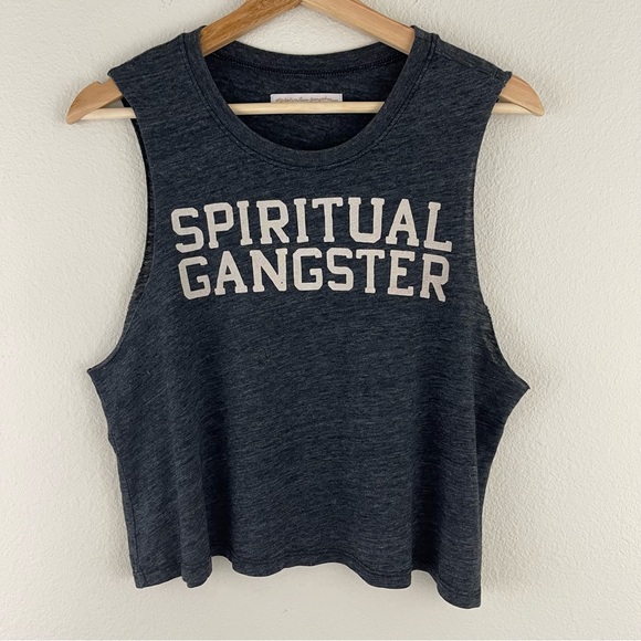 !SOLD! SPIRITUAL GANGSTER Heathered Dark Grey Logo Varsity Soft Muscle Tee Tank - Picture 3 of 10